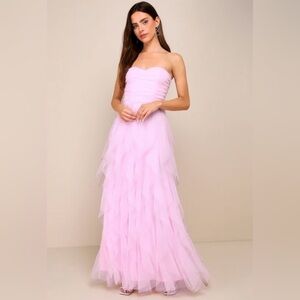 Lulus Delightful Beauty Pink Mesh Strapless Ruched Ruffled Maxi Dress